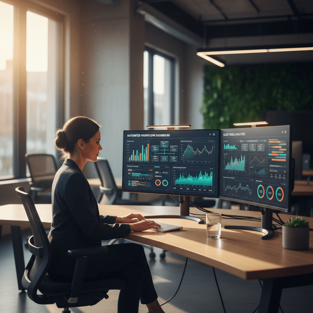 Business owner reviewing automated AI workflow systems on dashboard displays