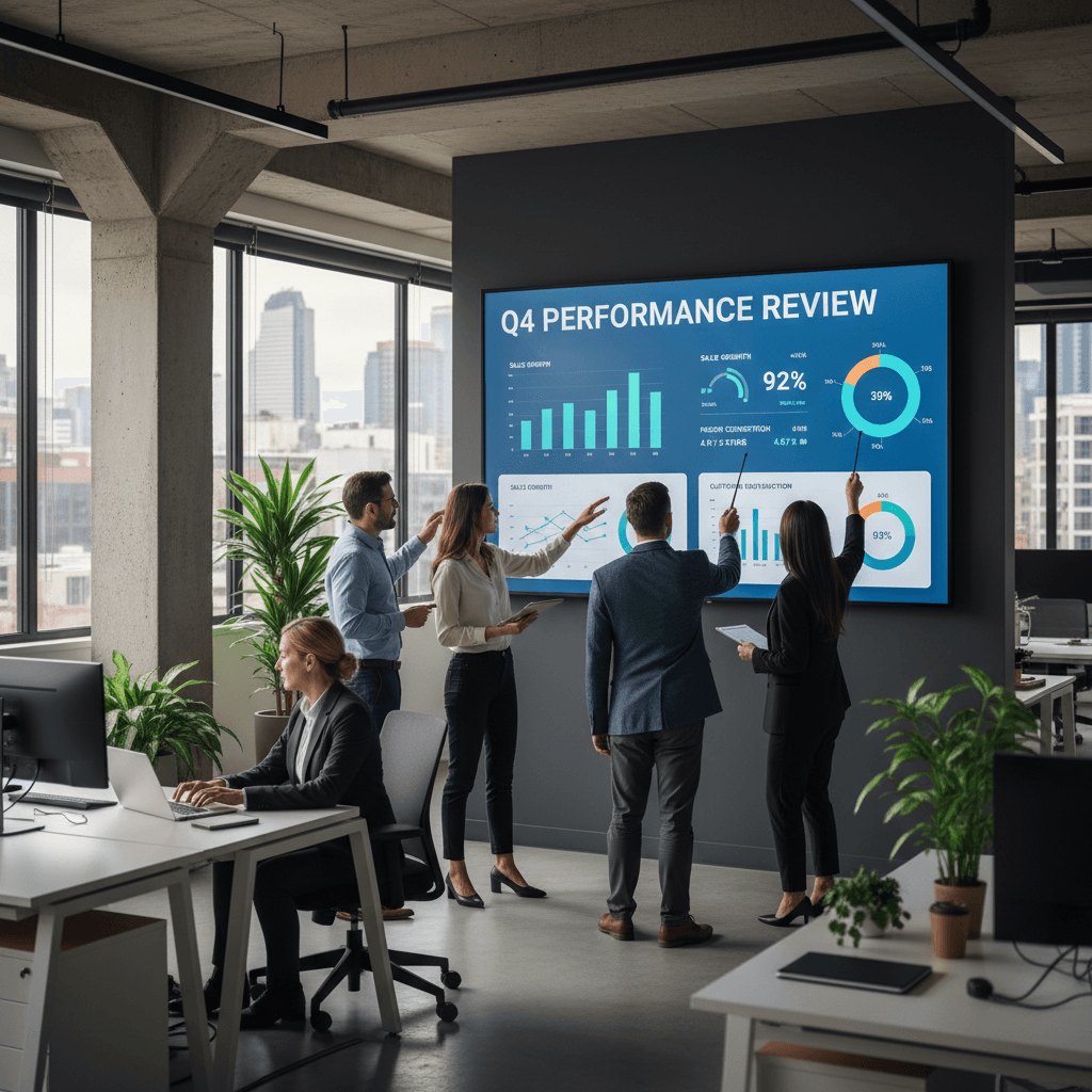 Sales team analyzing performance data together