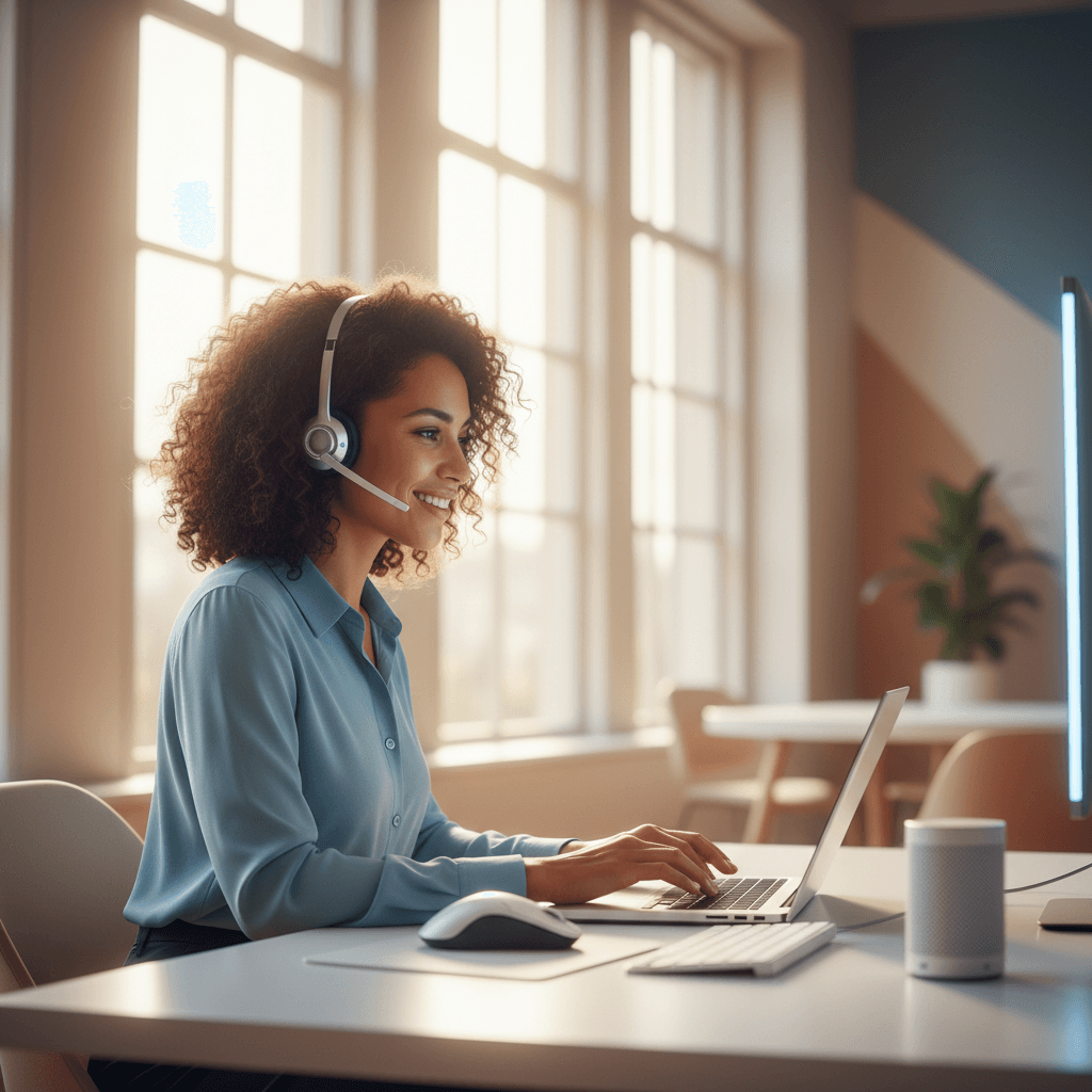 Business professional using Voice AI communication system