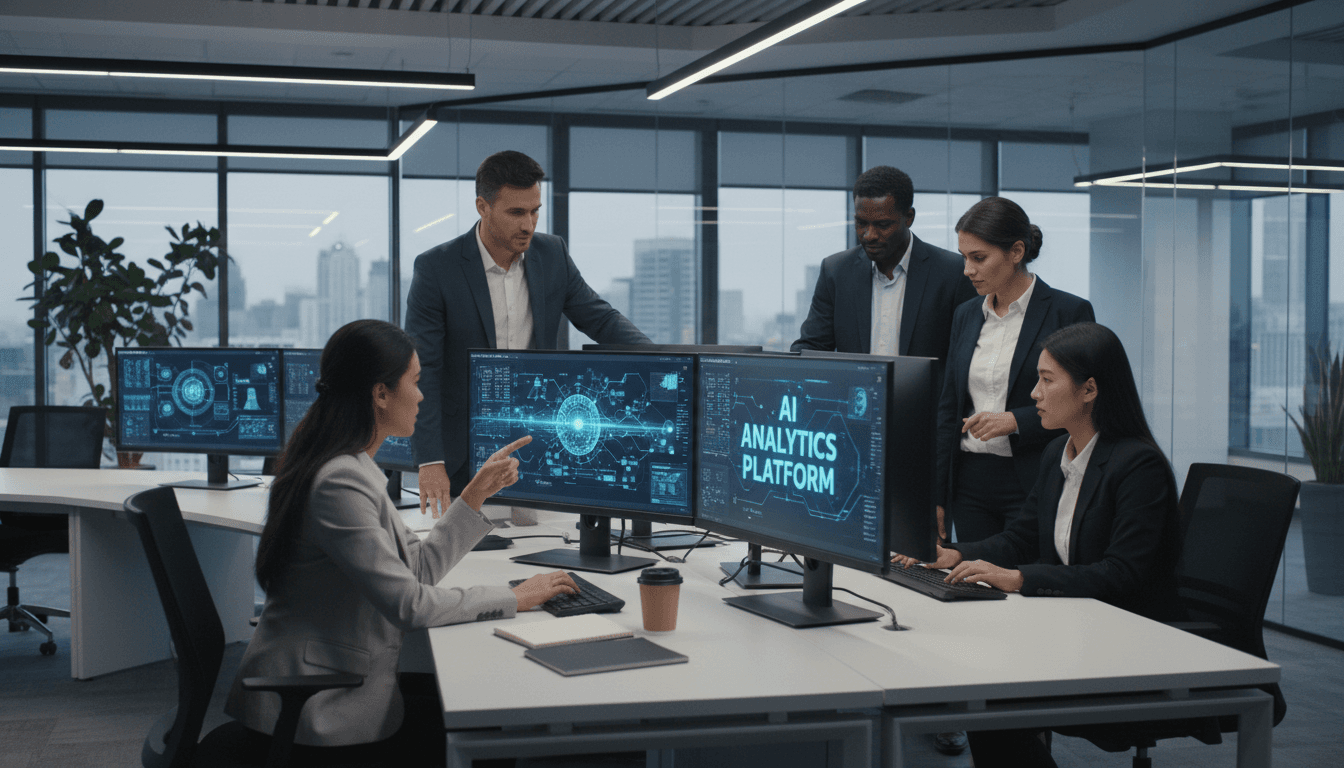 Team collaborating with AI sales automation dashboard in modern Perth office
