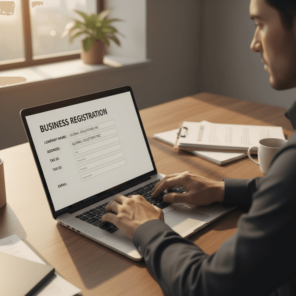 Person entering business information on a laptop