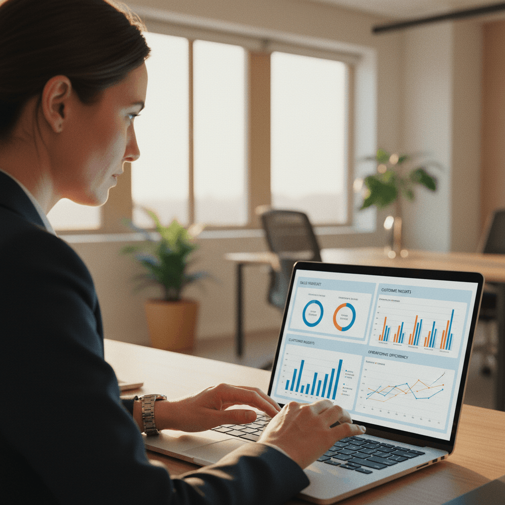 Business owner reviewing AI analytics dashboard