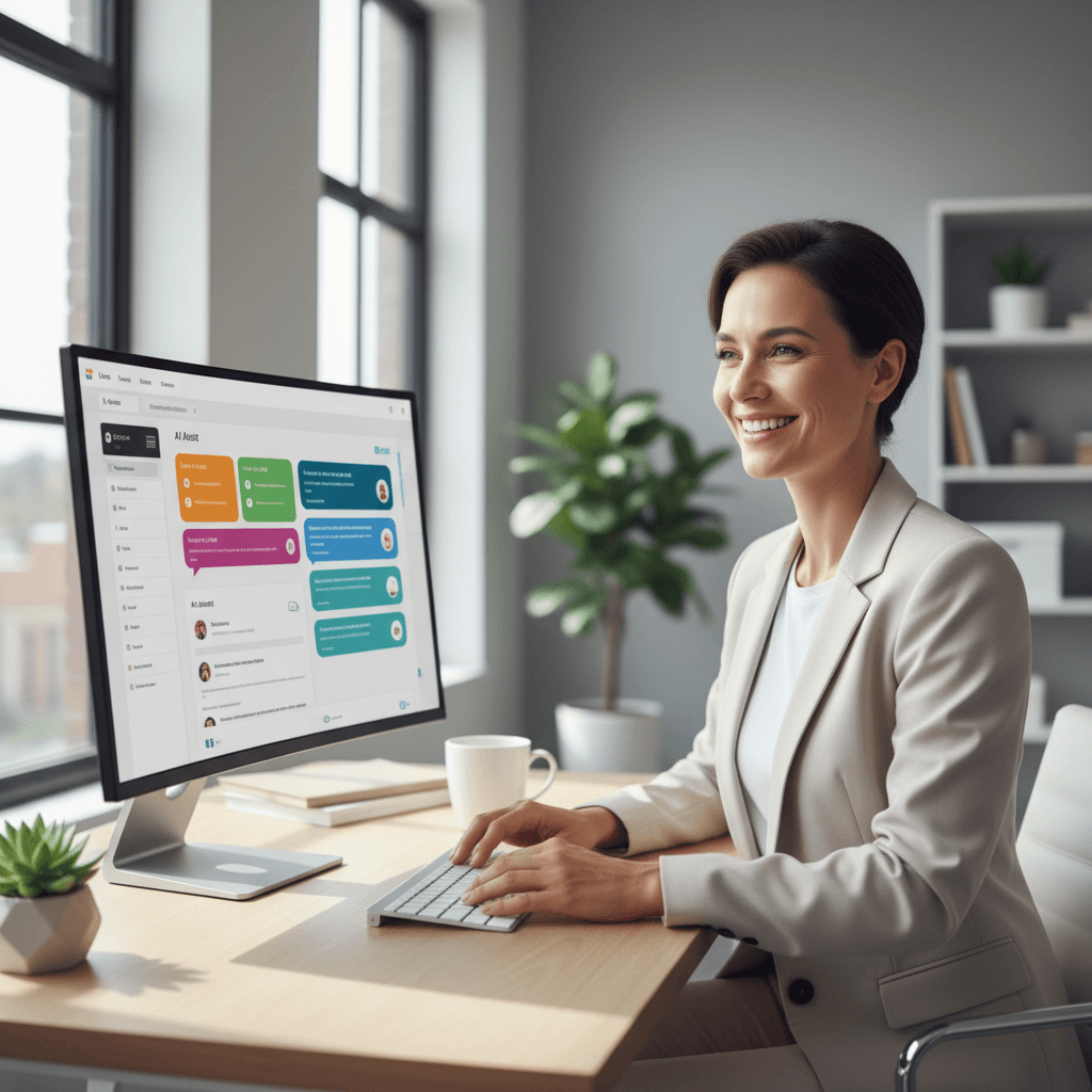 Business owner reviewing AI customer service dashboard