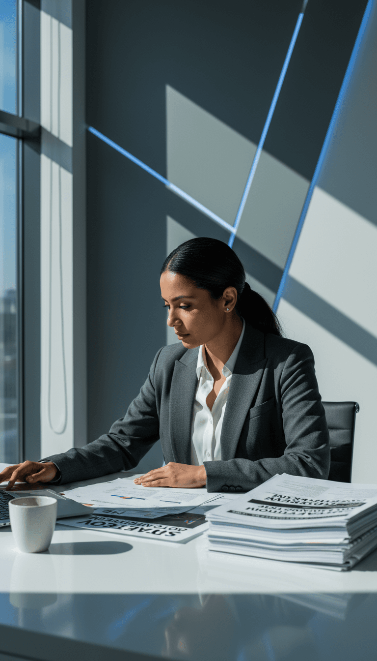 Business professional reviewing AI strategy documentation at desk