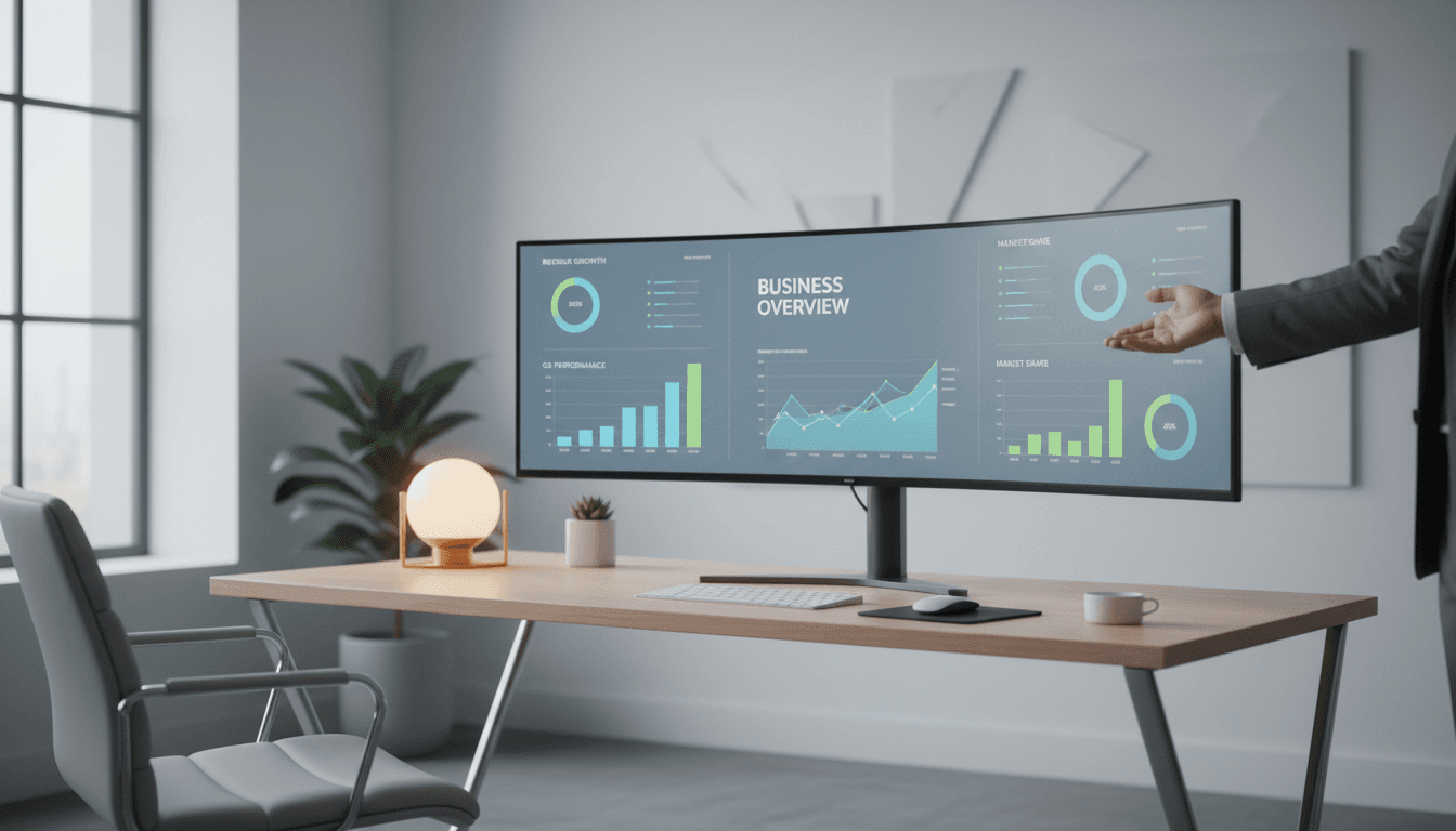 Business analytics dashboard on computer monitors showing AI-powered performance metrics
