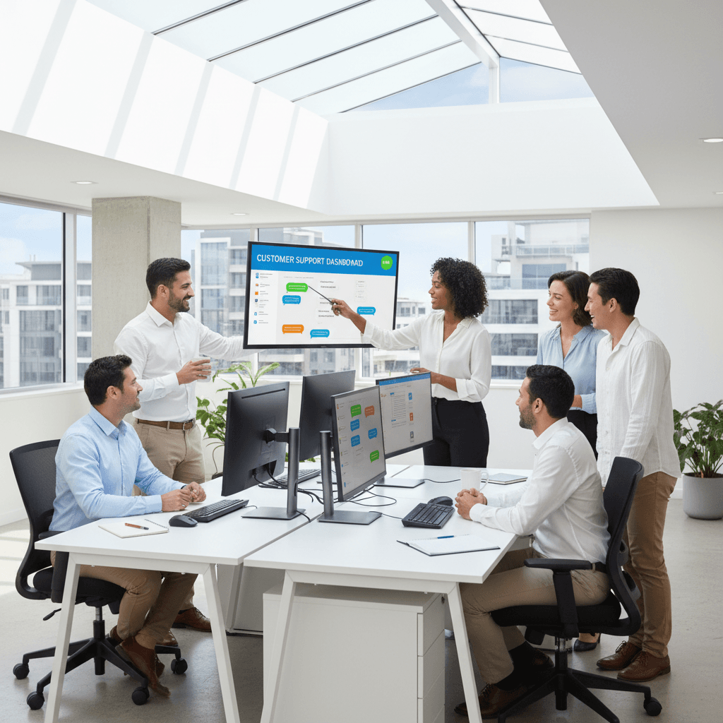 Customer service team collaborating and reviewing handoff information