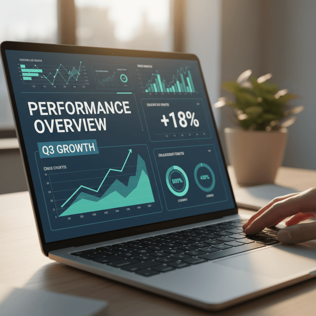AI analytics dashboard on laptop screen showing business growth data