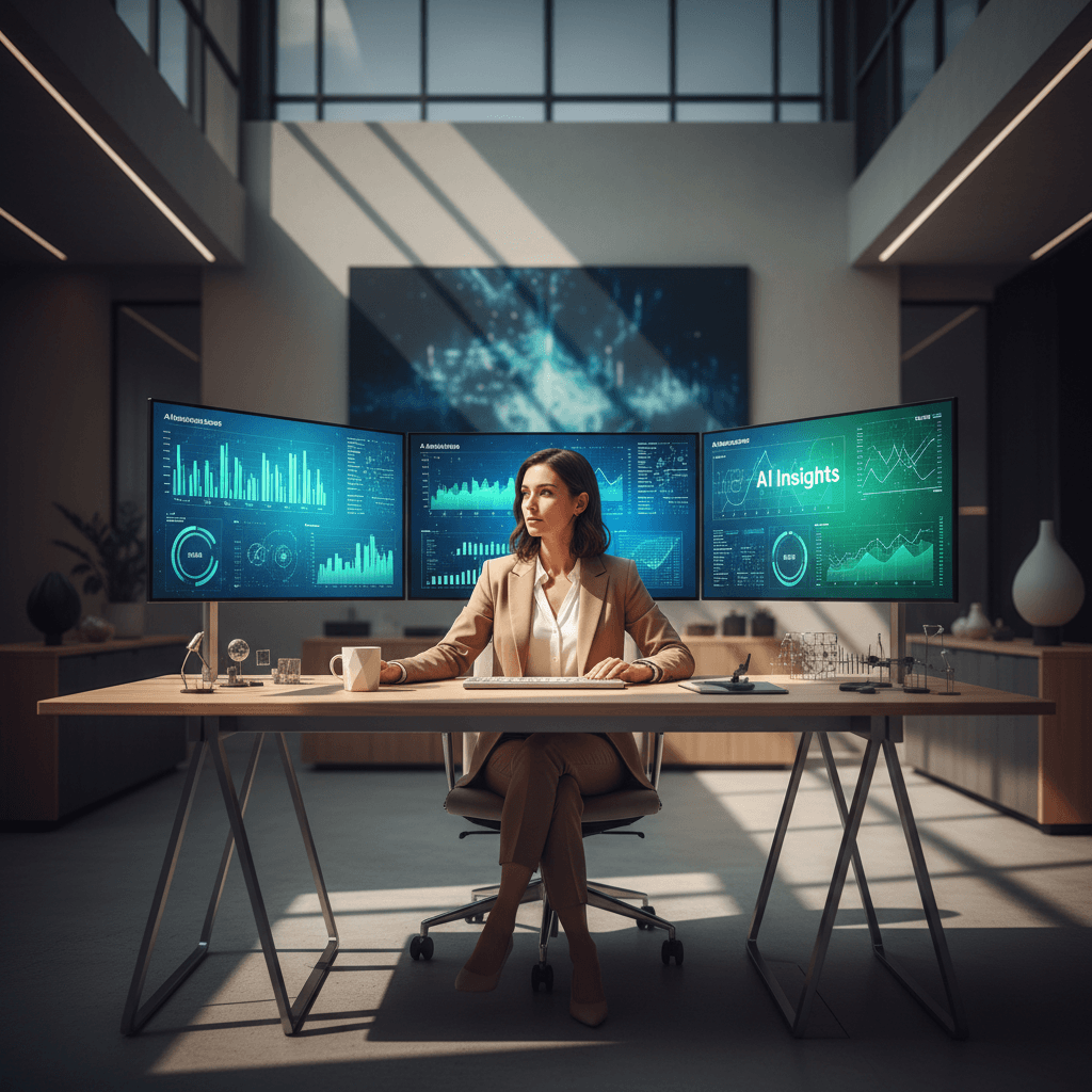 Business professional analyzing AI-powered analytics dashboard