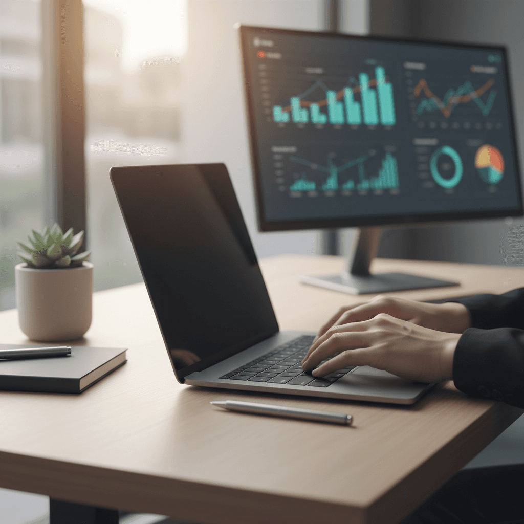 Business professional working at desk with AI dashboard displays