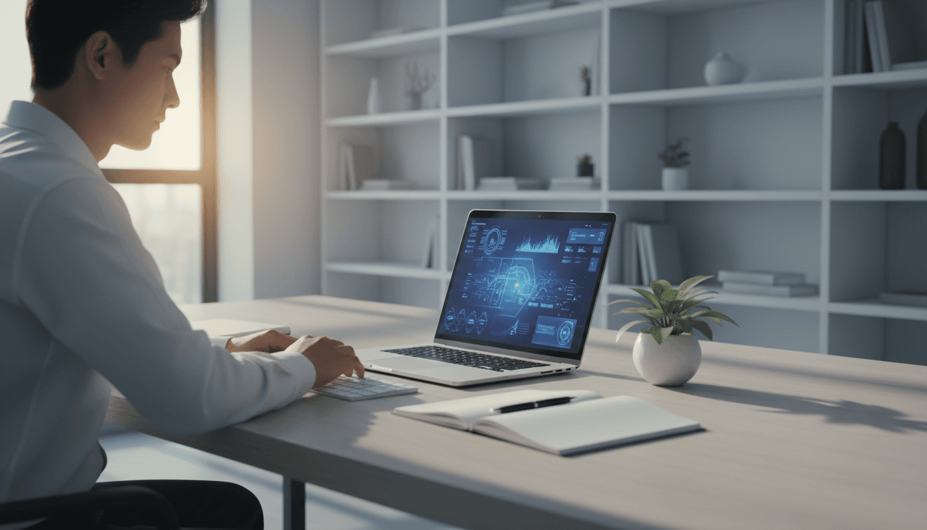 Modern tech workspace with laptop showing AI data visualizations and Perth skyline