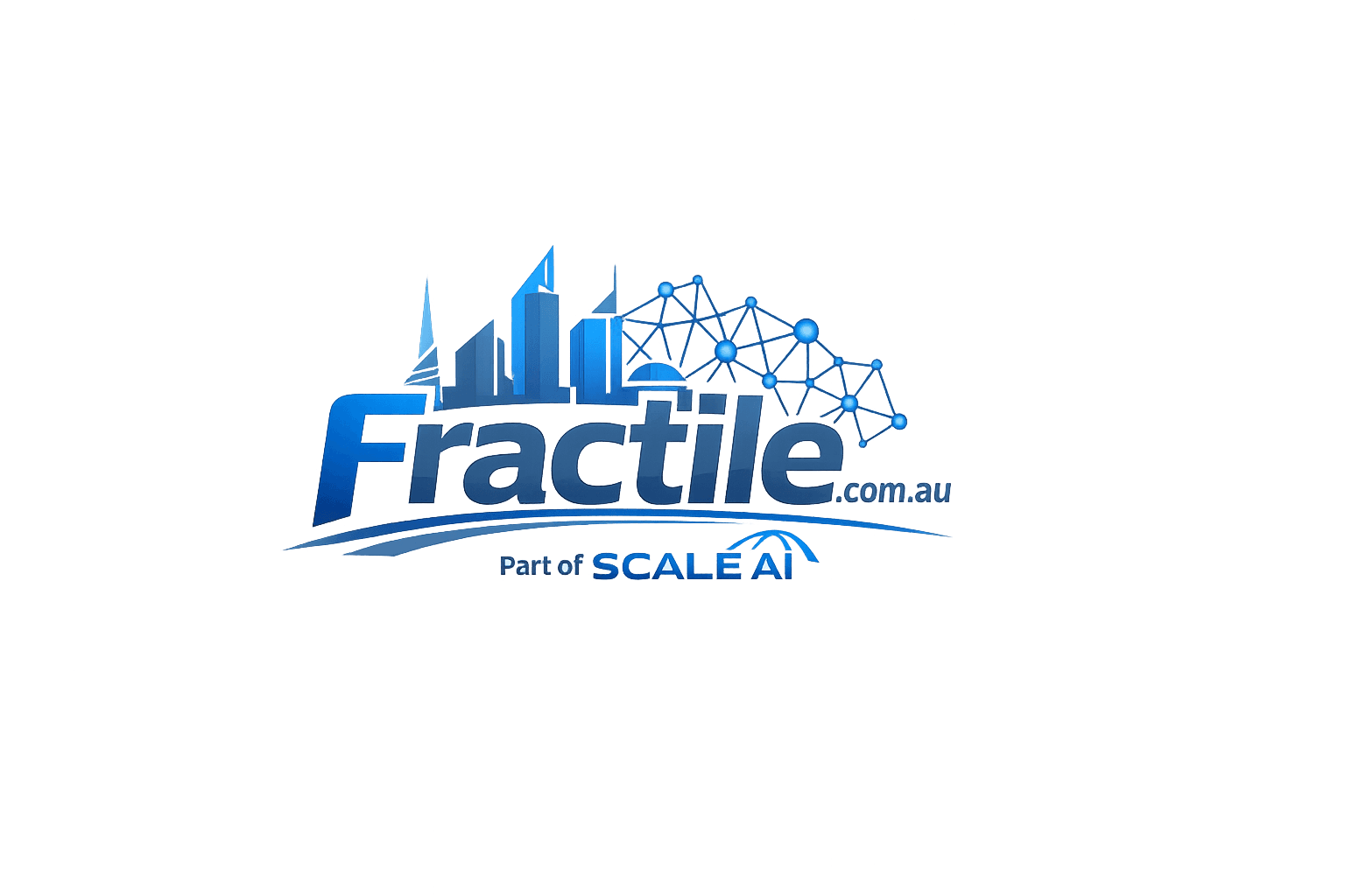 Blue Fractile.com.au logo with a stylized cityscape and network mesh, part of SCALE AI.